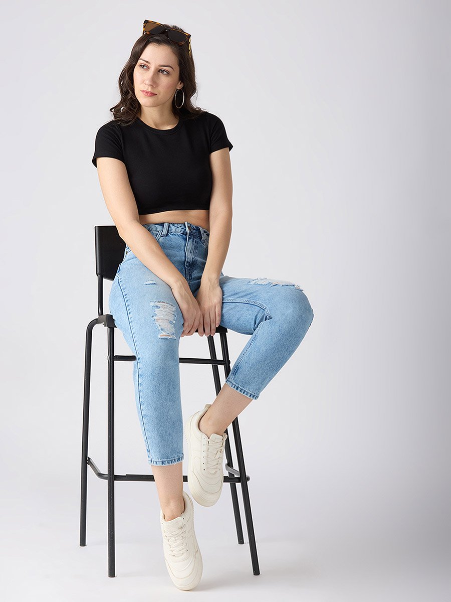 Light Blue Mid-Rise Ripped Jeans