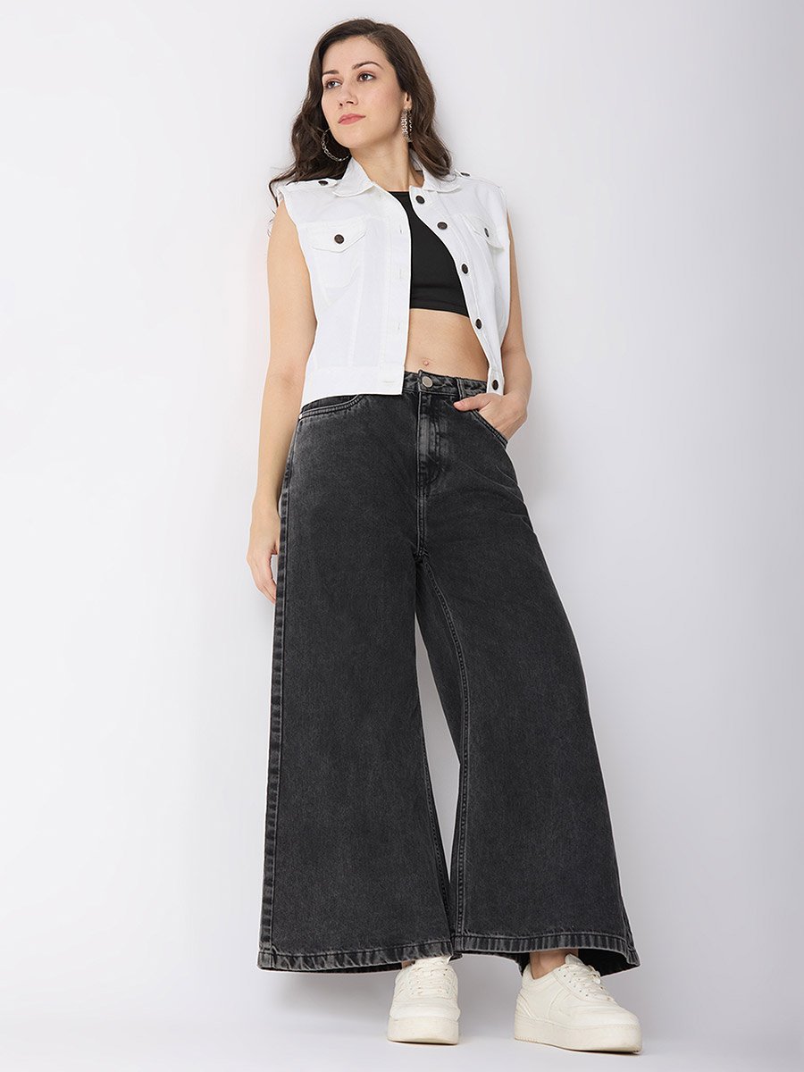 Charcoal Cotton Mid-Rise Flared Jeans