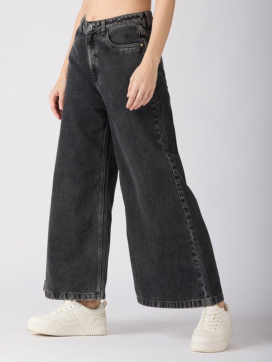Charcoal Cotton Mid-Rise Flared Jeans