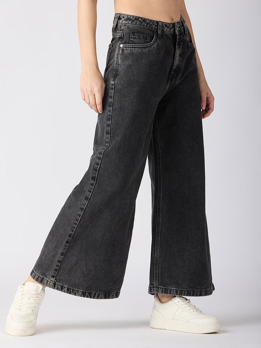 Charcoal Cotton Mid-Rise Flared Jeans