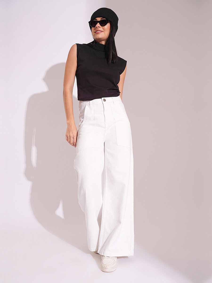 White Cotton High Rise Wide Leg Jeans