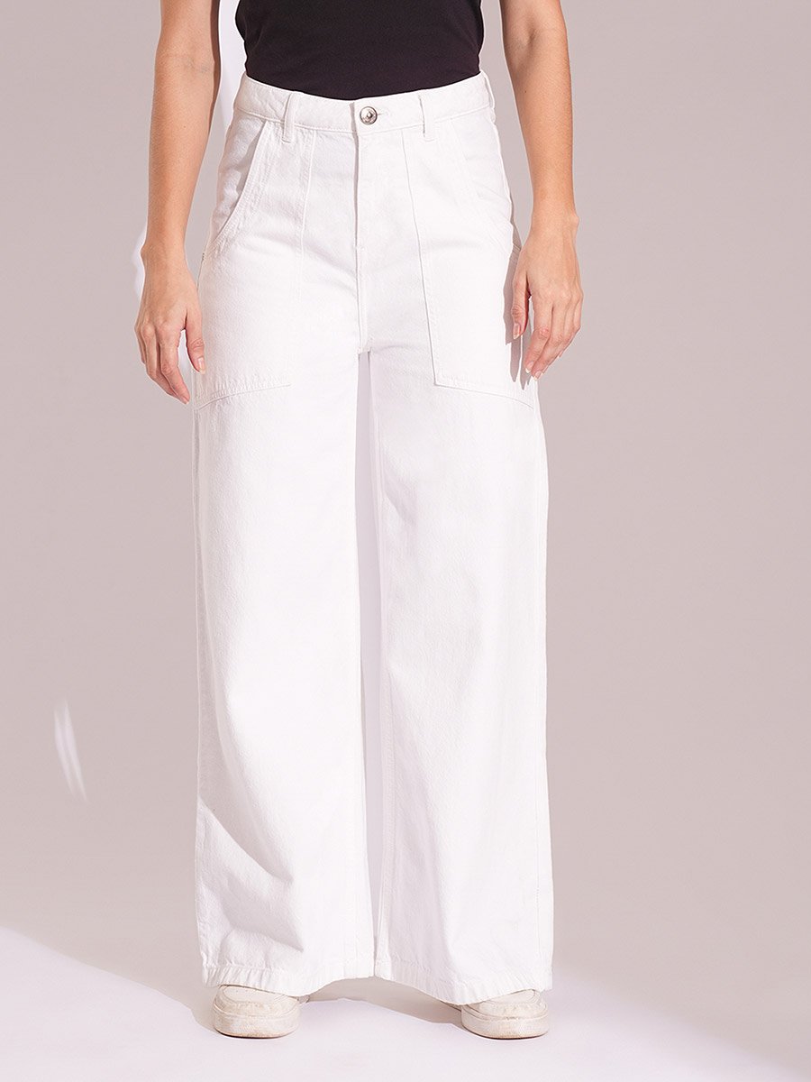 White Cotton High Rise Wide Leg Jeans