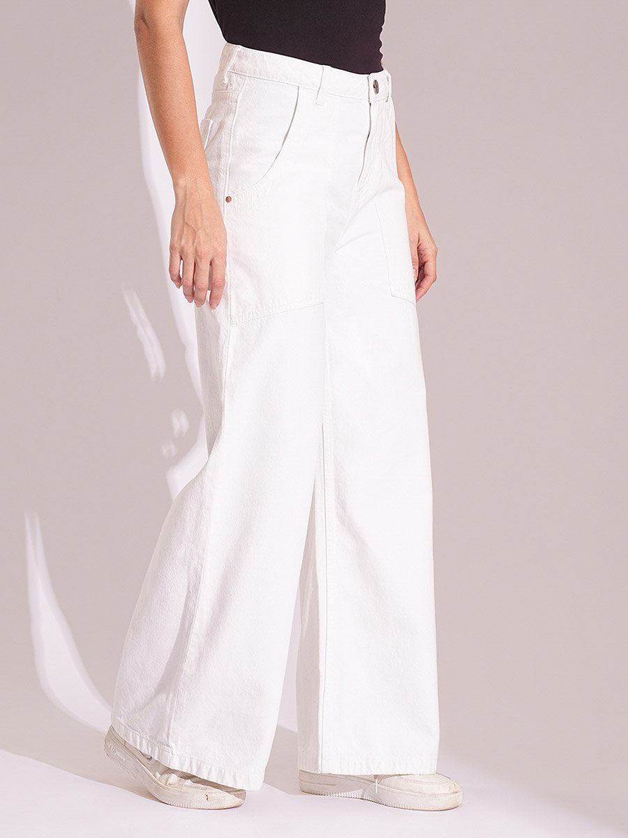 White Cotton High Rise Wide Leg Jeans