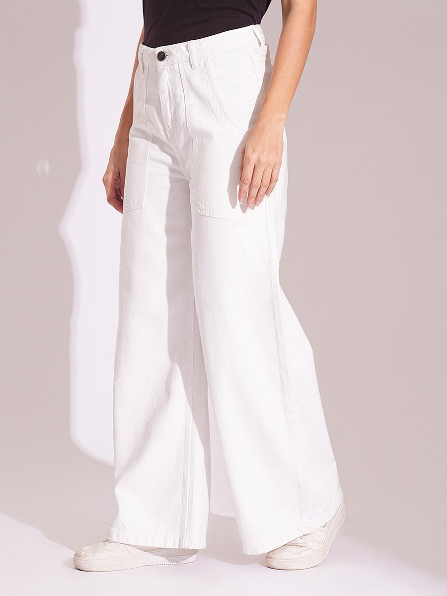 White Cotton High Rise Wide Leg Jeans