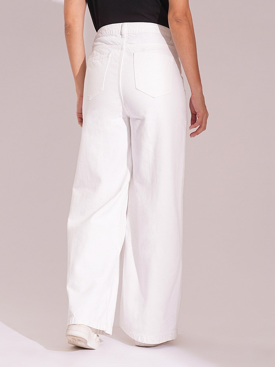 White Cotton High Rise Wide Leg Jeans