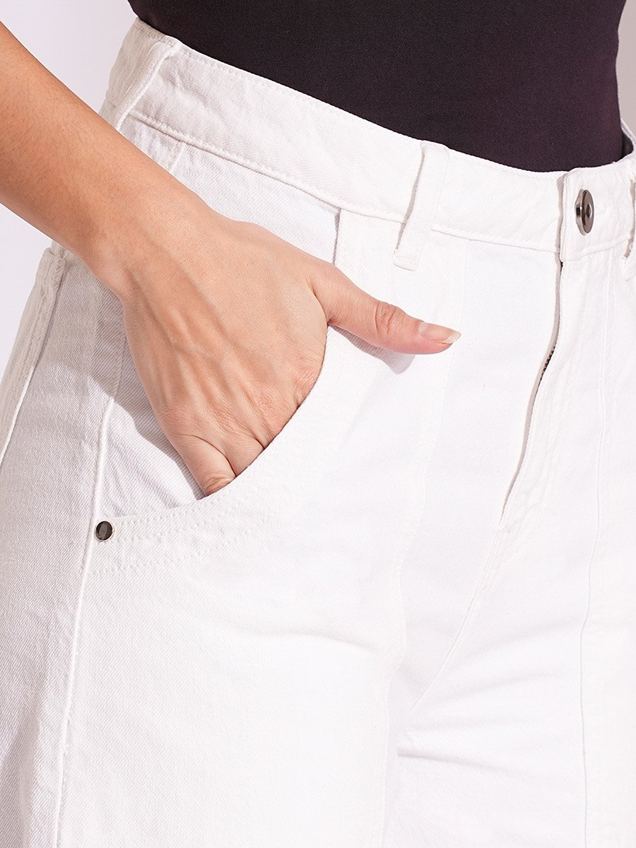 White Cotton High Rise Wide Leg Jeans