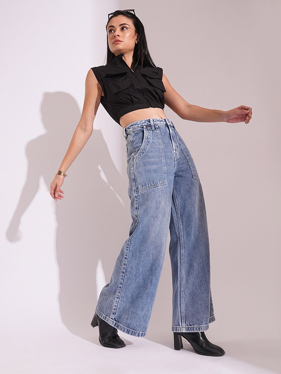 Light Blue Cotton Wide Leg Faded Jeans