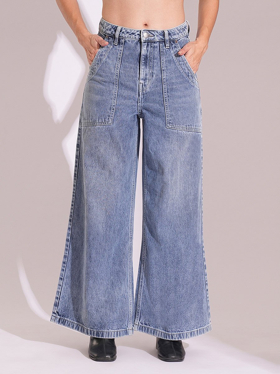 Light Blue Cotton Wide Leg Faded Jeans