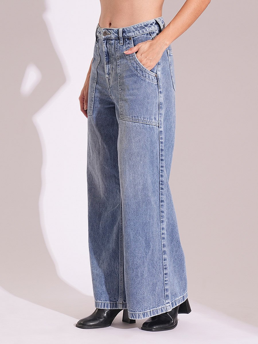 Light Blue Cotton Wide Leg Faded Jeans