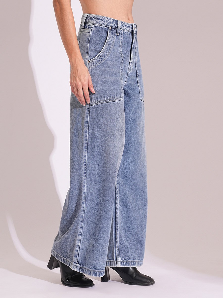 Light Blue Cotton Wide Leg Faded Jeans