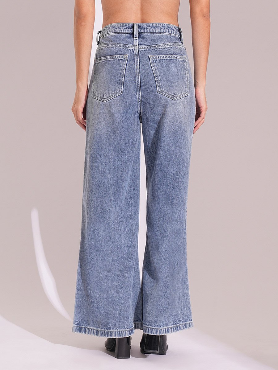 Light Blue Cotton Wide Leg Faded Jeans