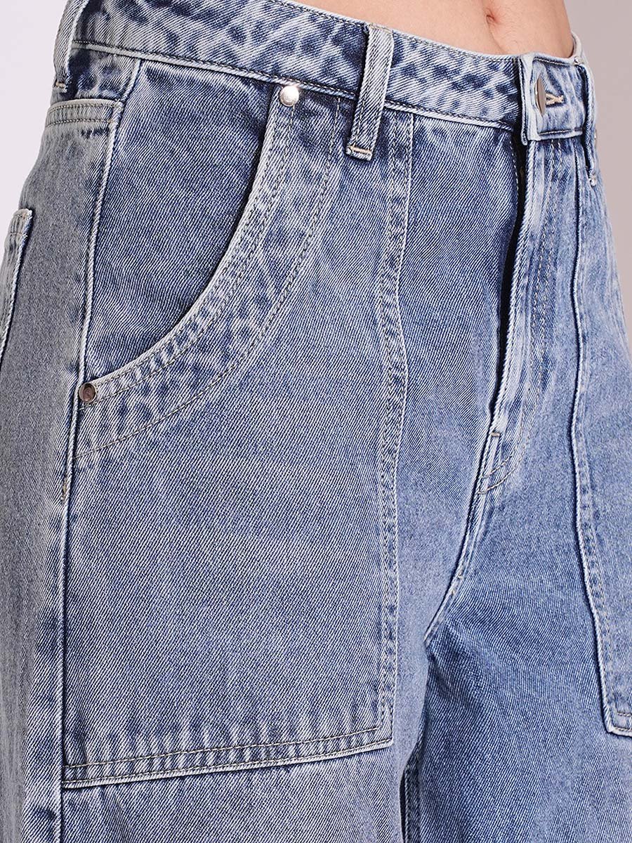 Light Blue Cotton Wide Leg Faded Jeans