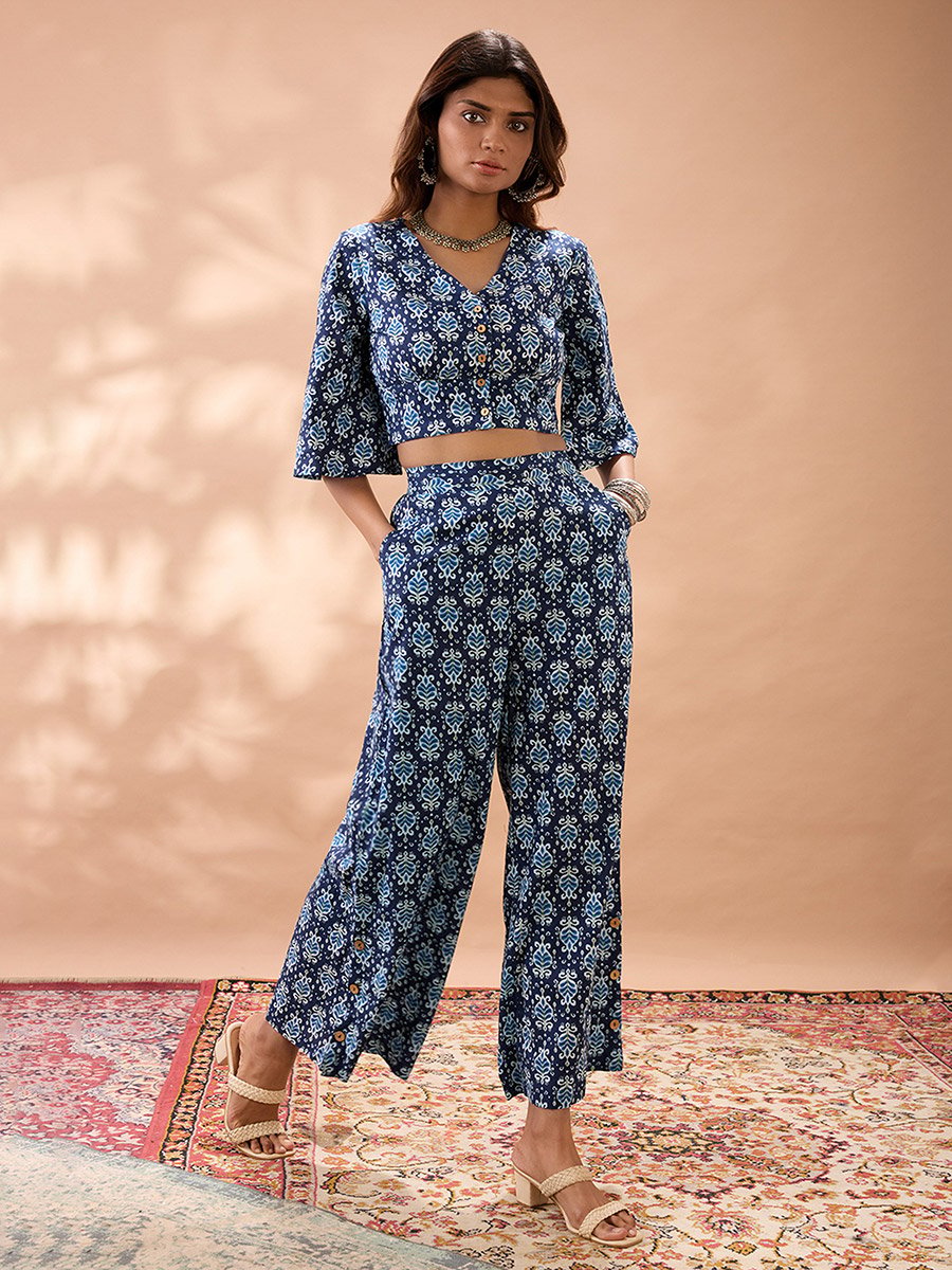 Ethnic Print Flared Sleeves Crop Top and Trousers Co-Ords 