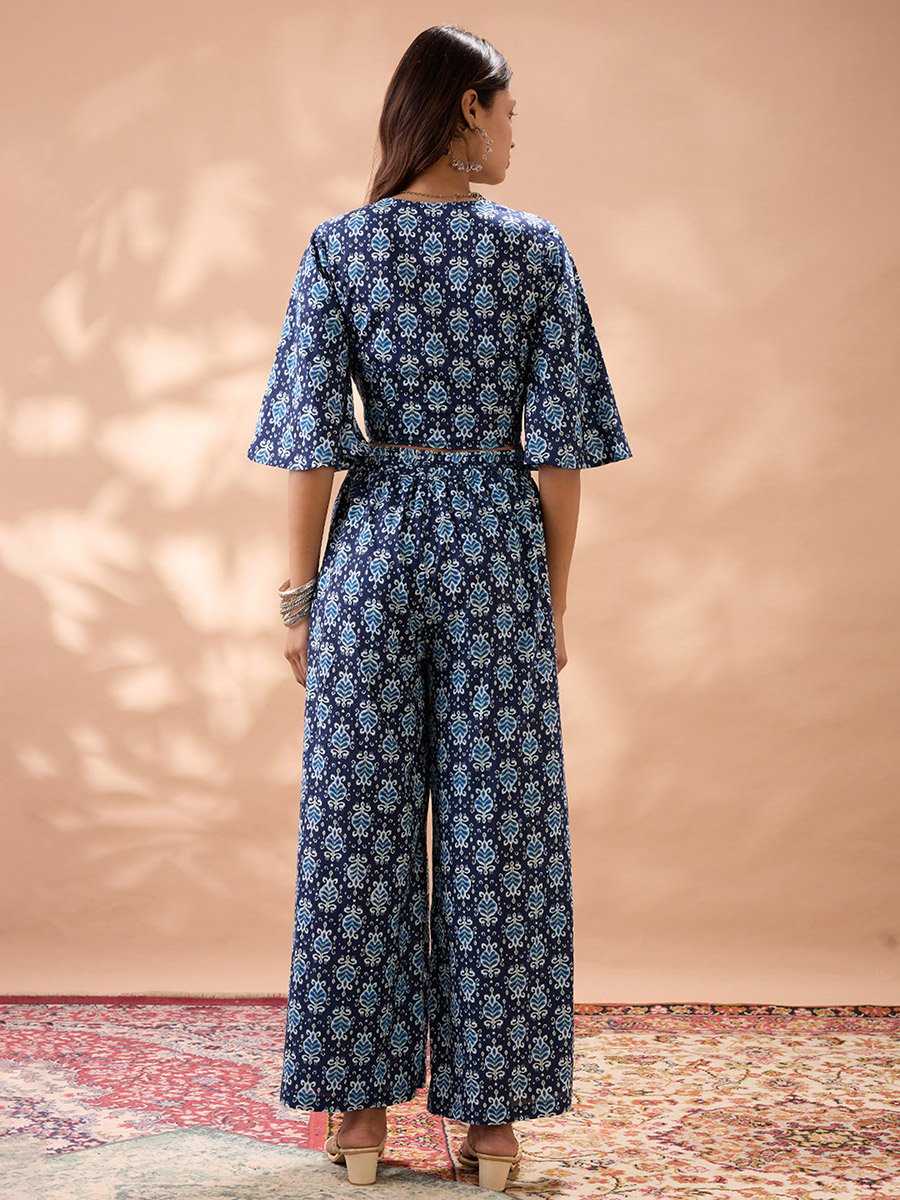 Ethnic Print Flared Sleeves Crop Top and Trousers Co-Ords 