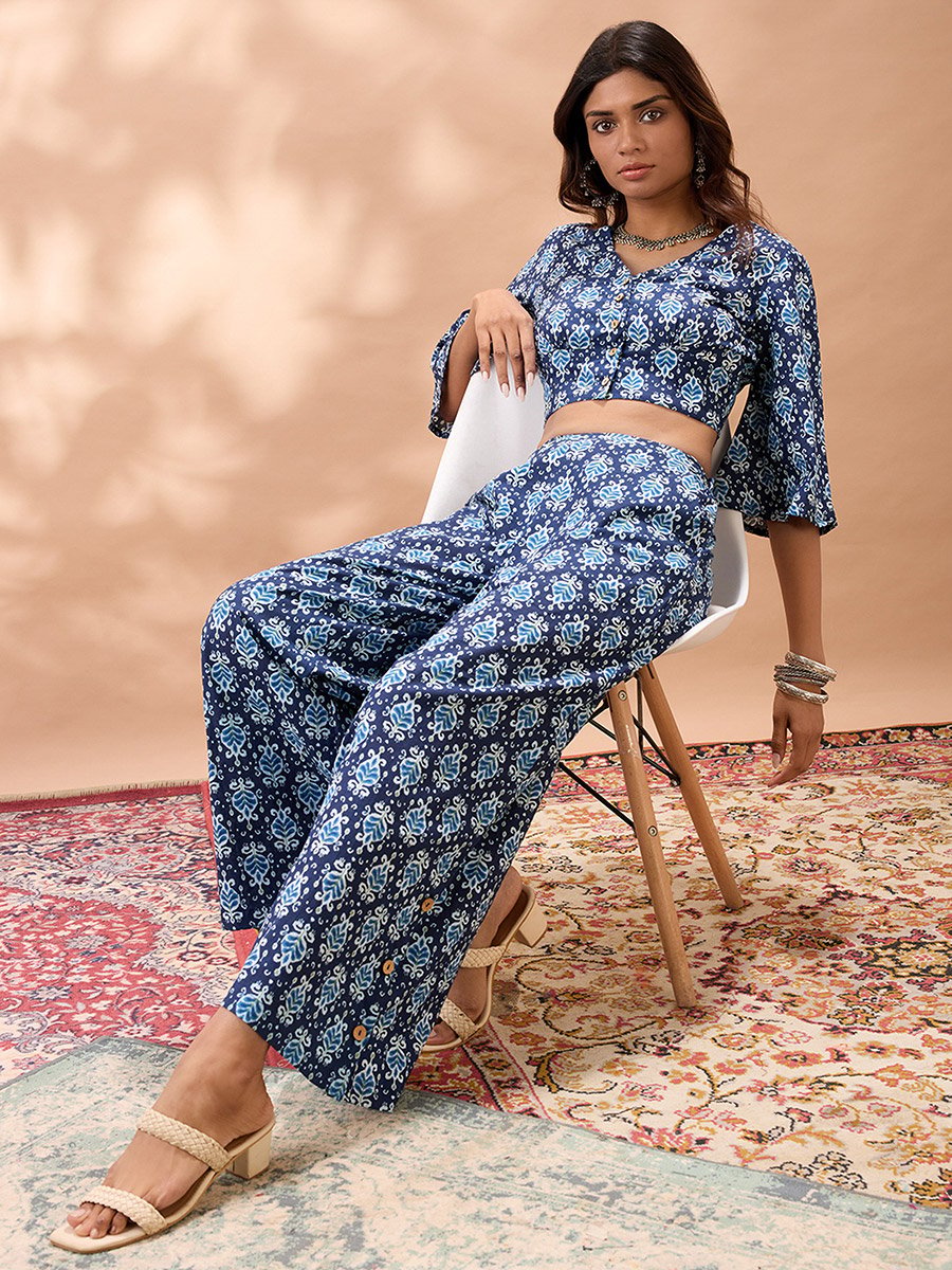 Ethnic Print Flared Sleeves Crop Top and Trousers Co-Ords 