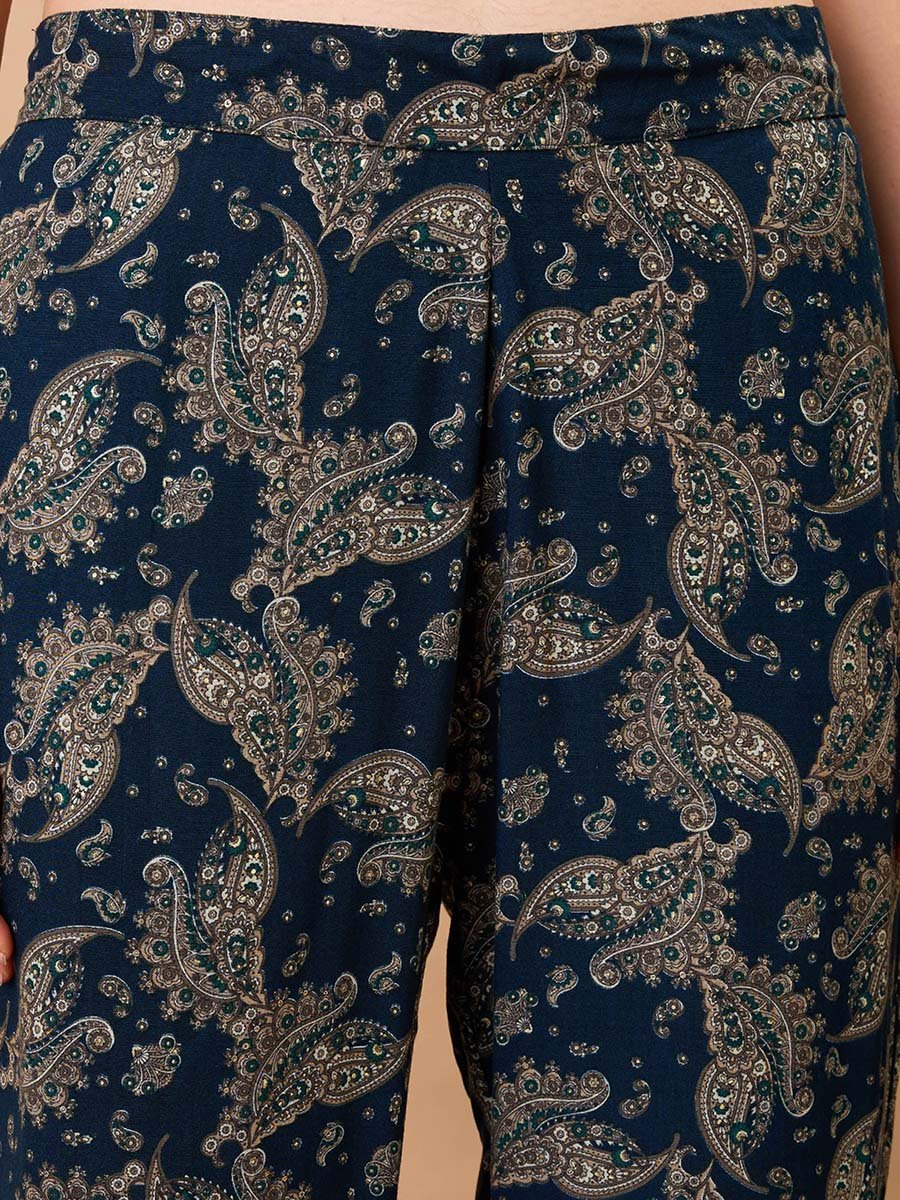 Set of 3 - Paisley Print Crop Top, Straight Pants and Shrug