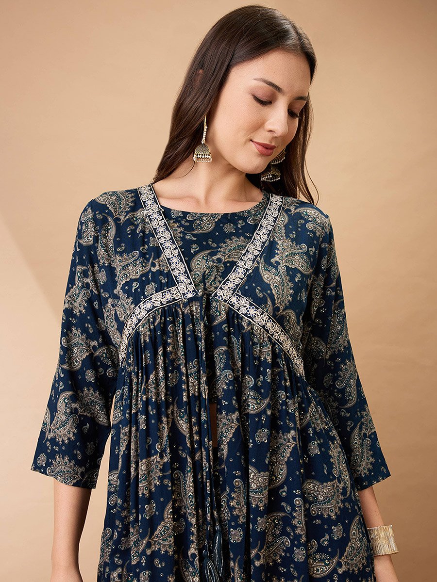 Set of 3 - Paisley Print Crop Top, Straight Pants and Shrug