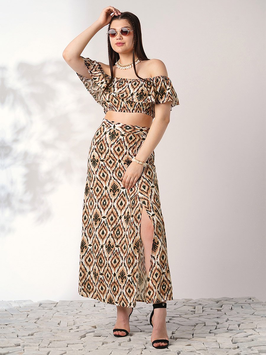 Brown Ikat Crop Top and Maxi Skirt Co-Ords