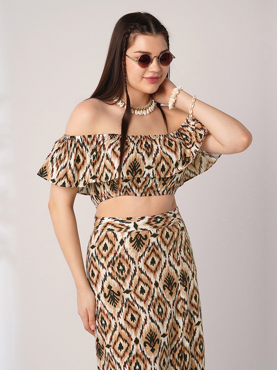 Brown Ikat Crop Top and Maxi Skirt Co-Ords