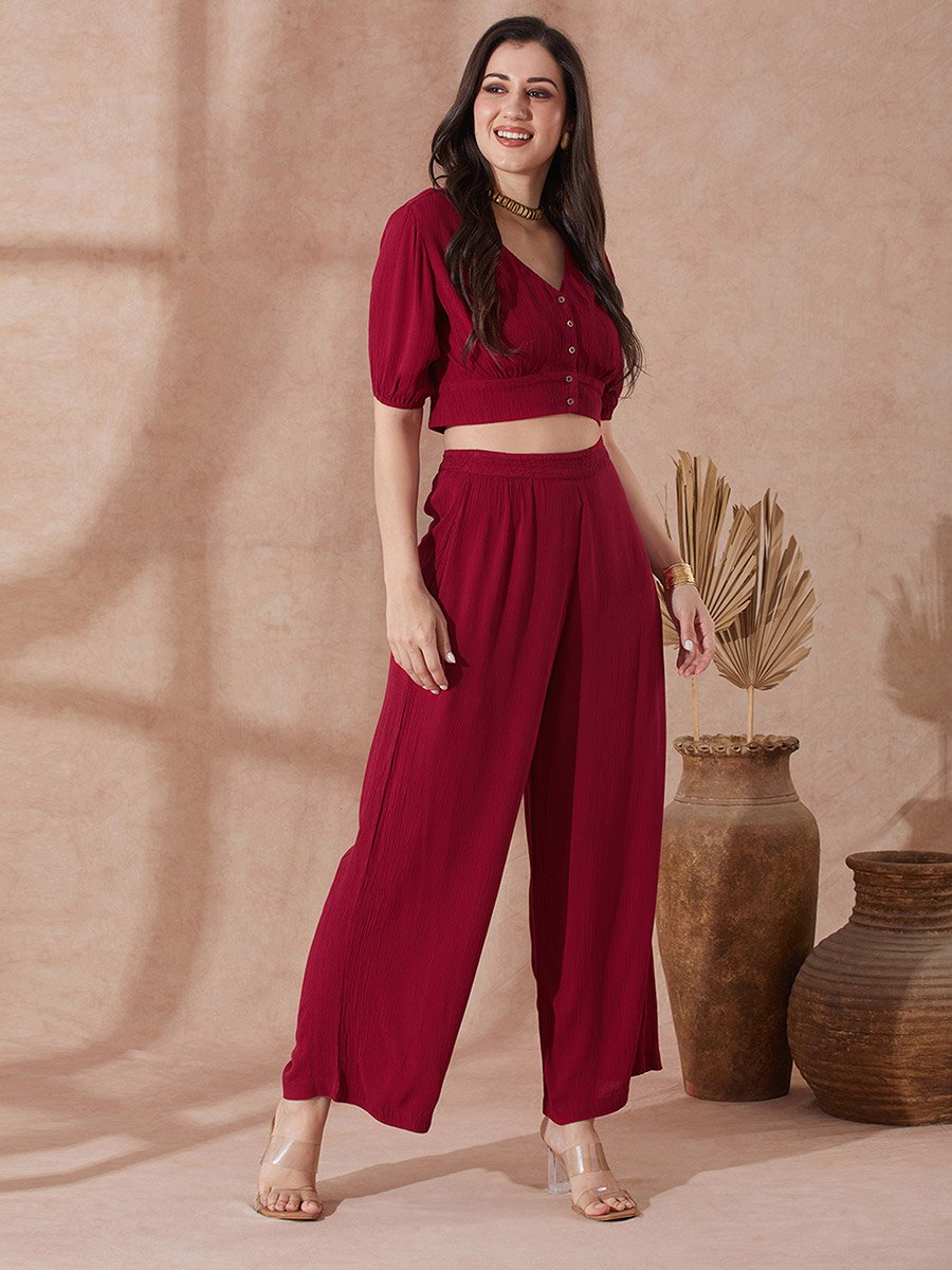 V Neck Button Detail Crop Top and Wide Leg Trousers Co-Ords