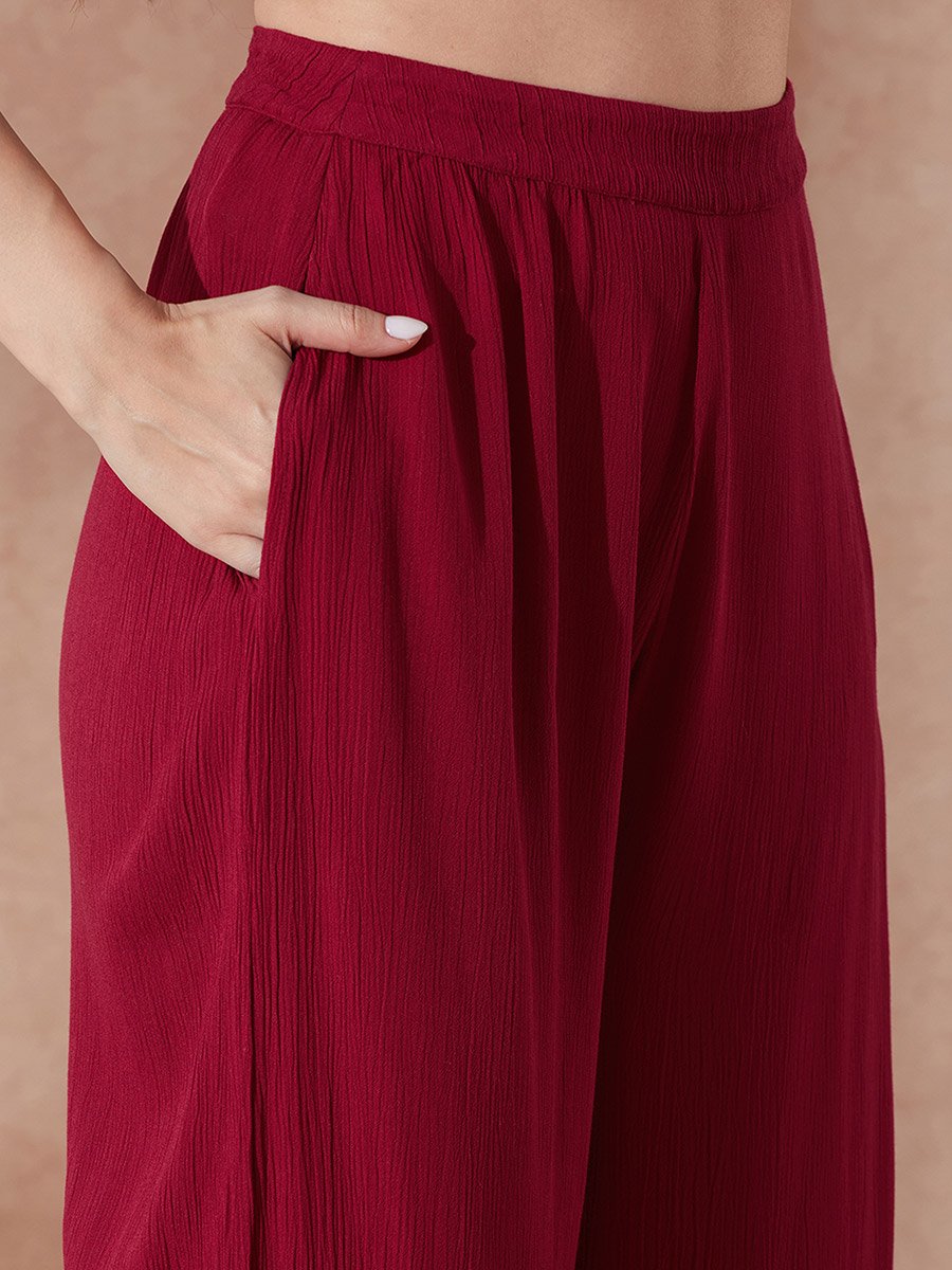 V Neck Button Detail Crop Top and Wide Leg Trousers Co-Ords
