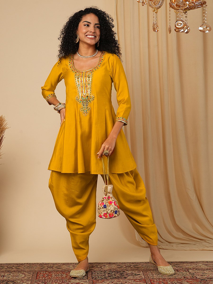 Sequined Embroidered Yoke Peplum Top and Dhoti Pants Fusion Co-Ords