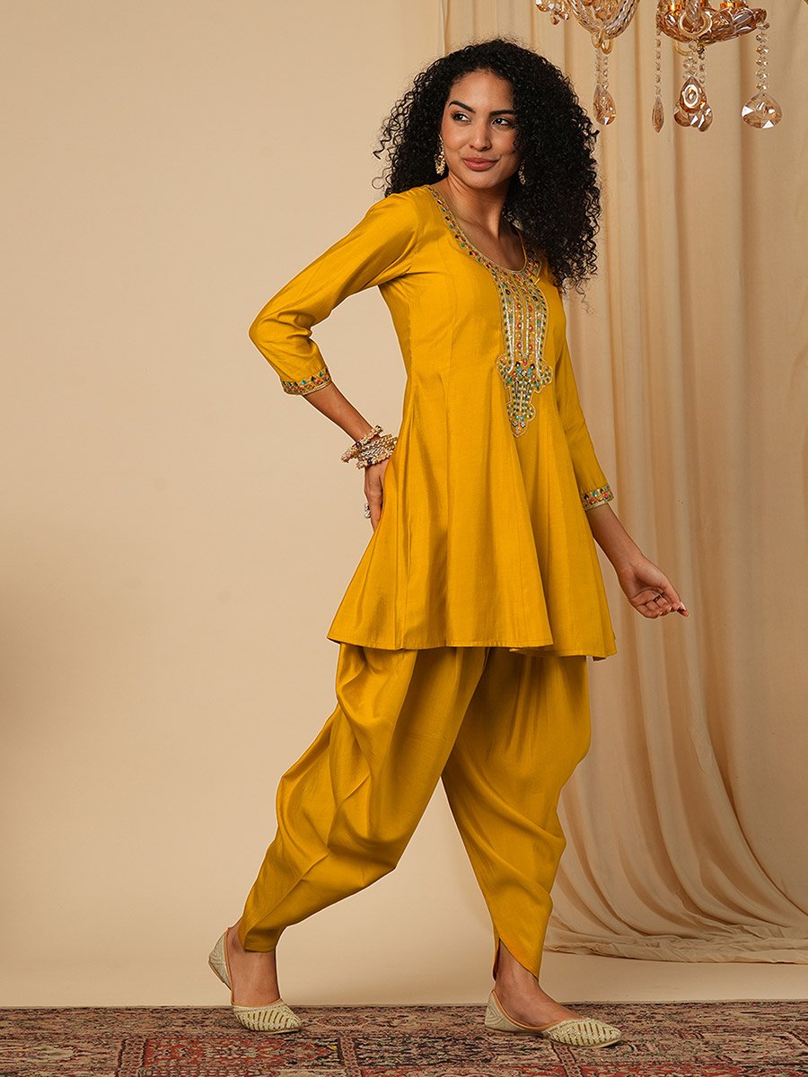 Sequined Embroidered Yoke Peplum Top and Dhoti Pants Fusion Co-Ords