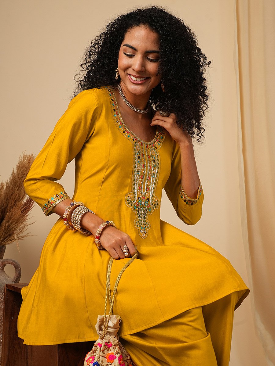 Sequined Embroidered Yoke Peplum Top and Dhoti Pants Fusion Co-Ords