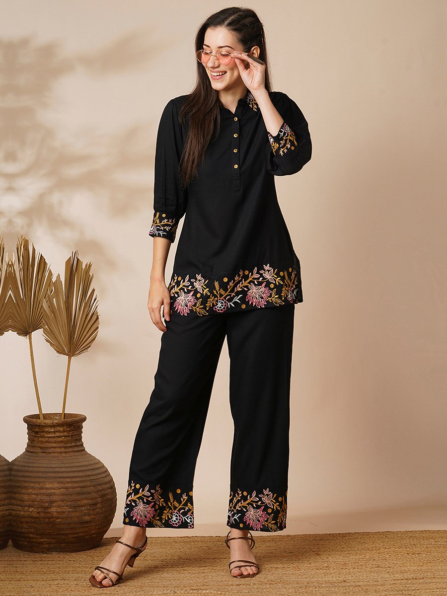 Floral Embroidered Shirt Top and Pants Fusion Co-Ords