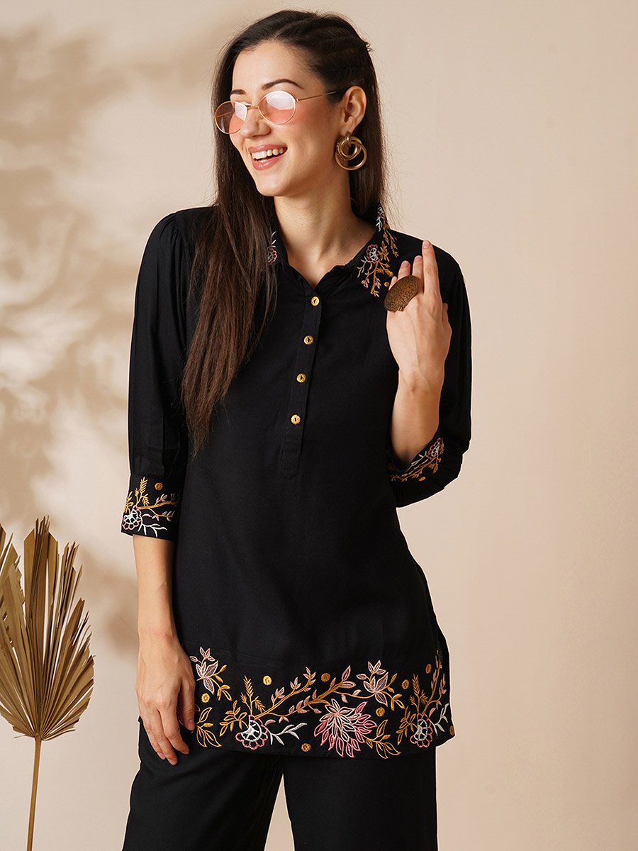 Floral Embroidered Shirt Top and Pants Fusion Co-Ords