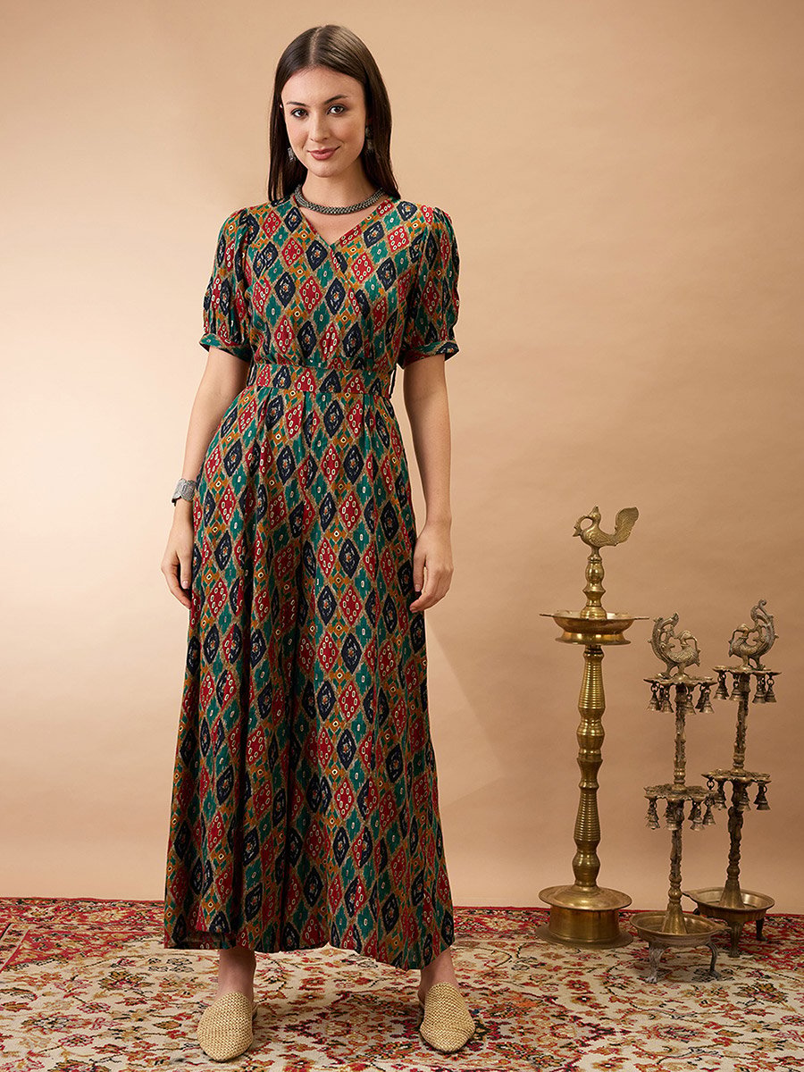 Ethnic Motifs Print Flared Wide Leg Fusion Jumpsuit