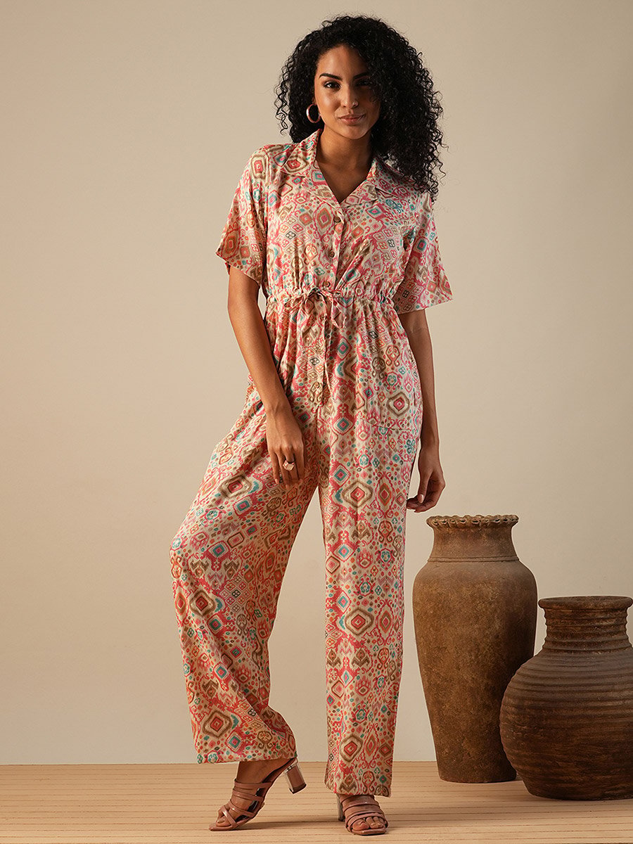 Geometric Print Waist Tie-Ups Fusion Jumpsuit