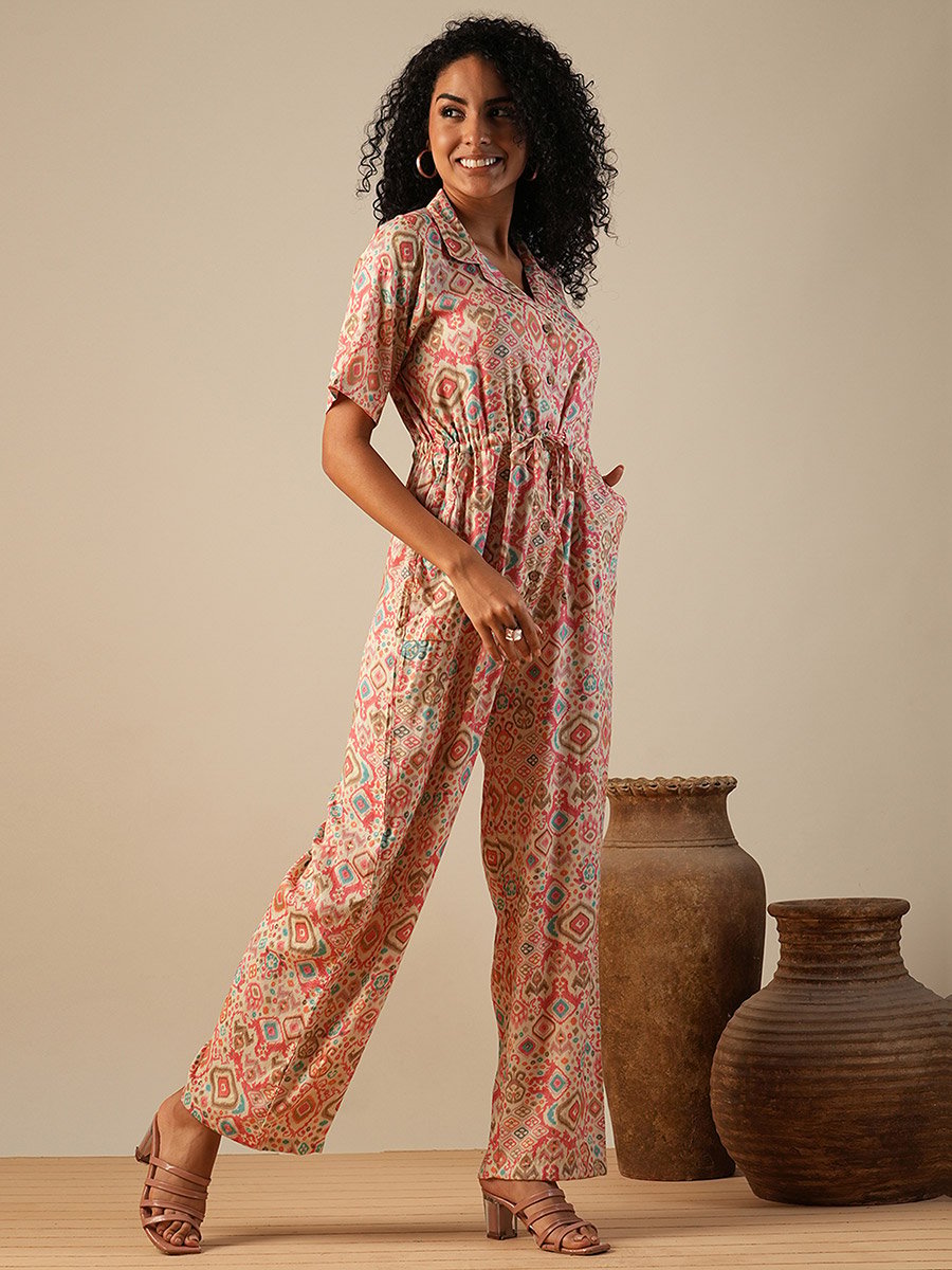 Geometric Print Waist Tie-Ups Fusion Jumpsuit