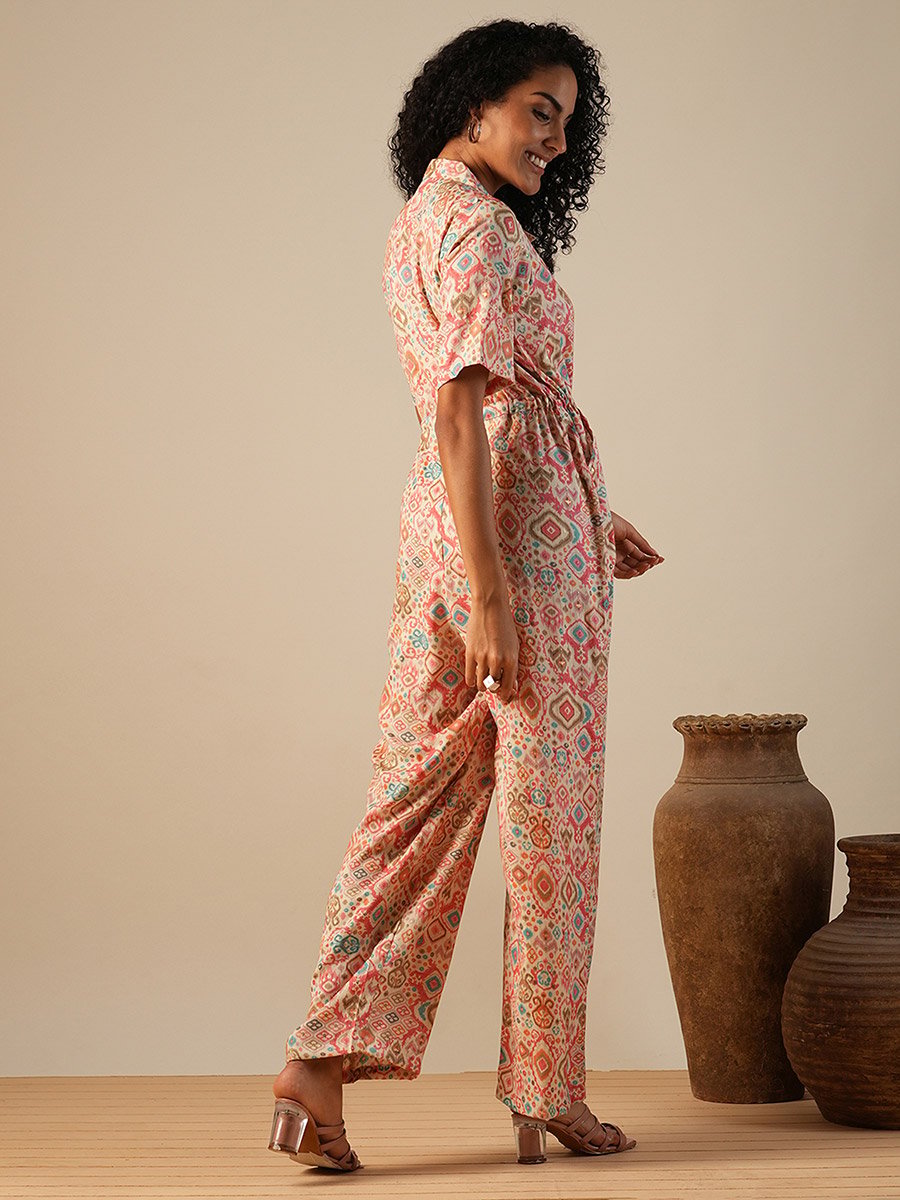 Geometric Print Waist Tie-Ups Fusion Jumpsuit