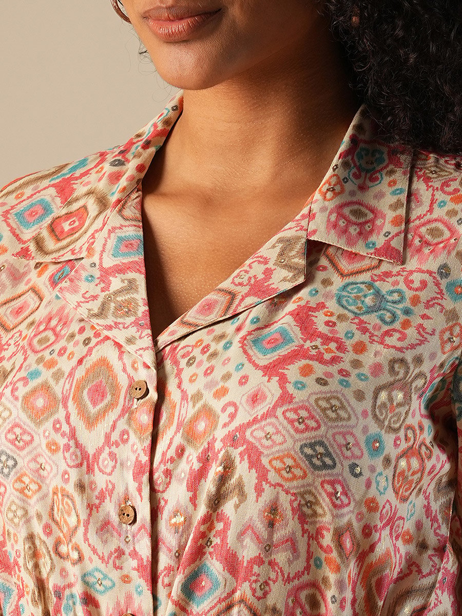 Geometric Print Waist Tie-Ups Fusion Jumpsuit
