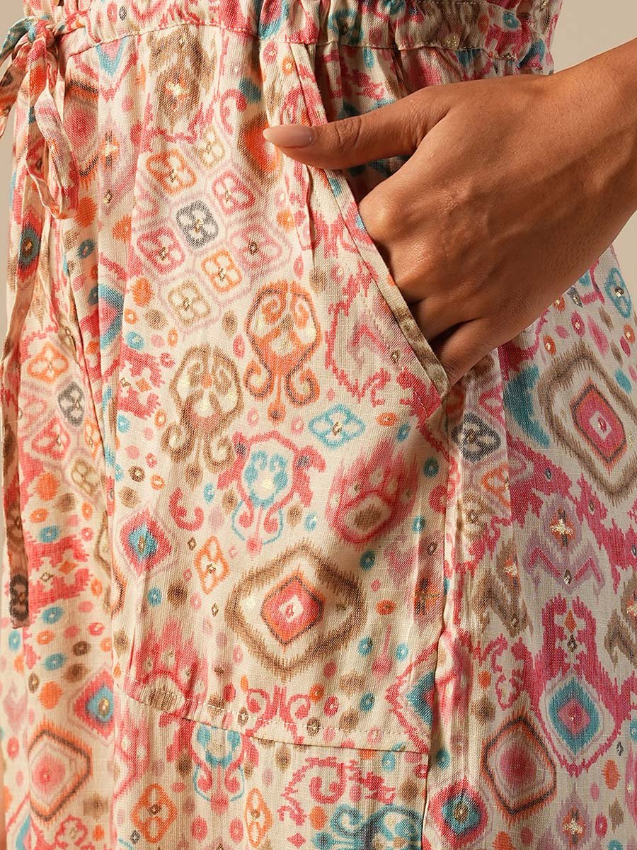 Geometric Print Waist Tie-Ups Fusion Jumpsuit