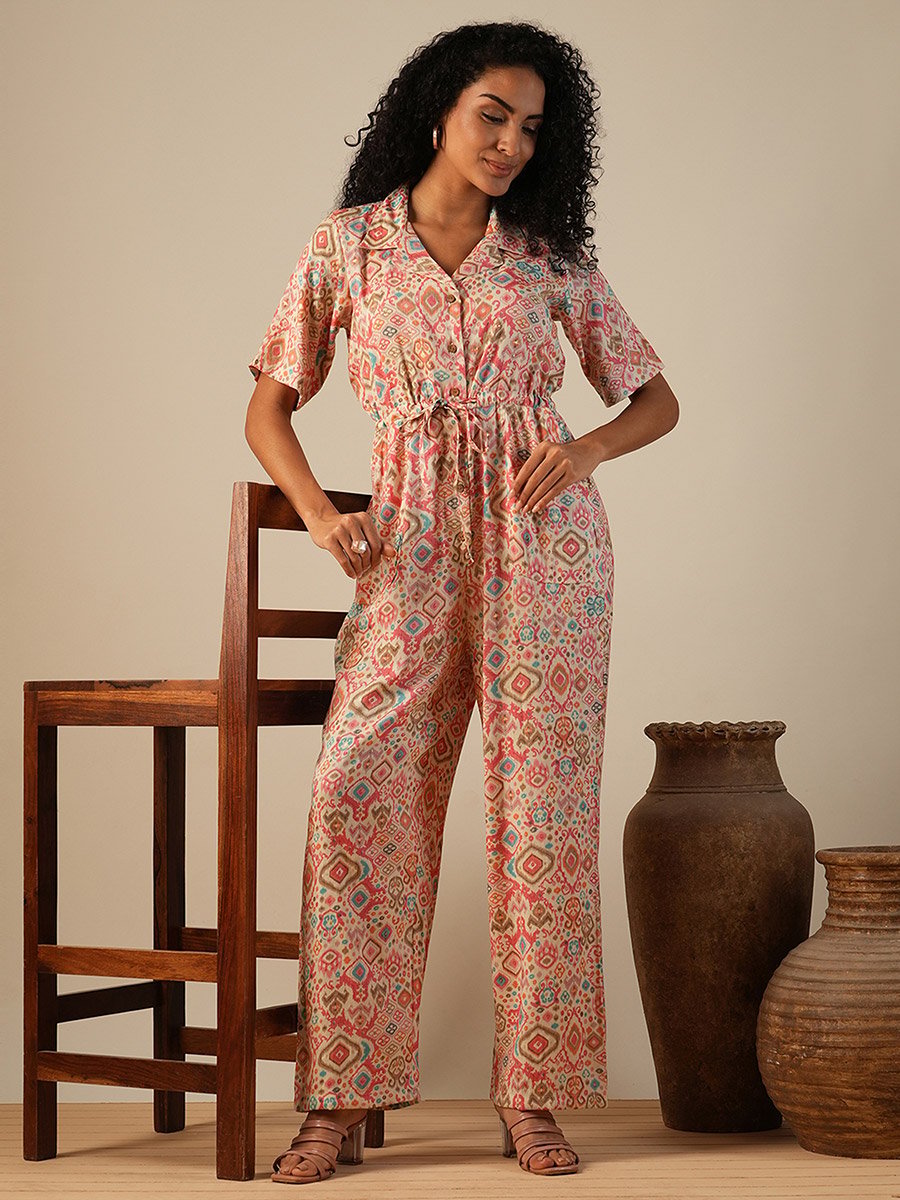 Geometric Print Waist Tie-Ups Fusion Jumpsuit