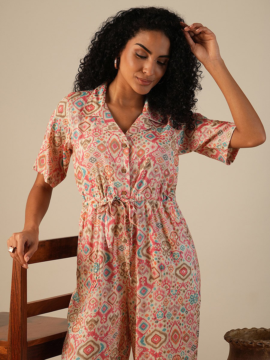 Geometric Print Waist Tie-Ups Fusion Jumpsuit
