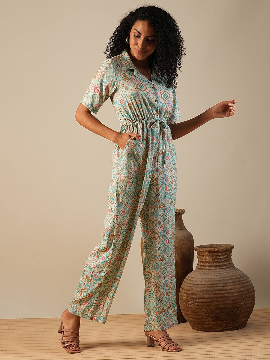 Geometric Print Waist Tie-Up Fusion Jumpsuit