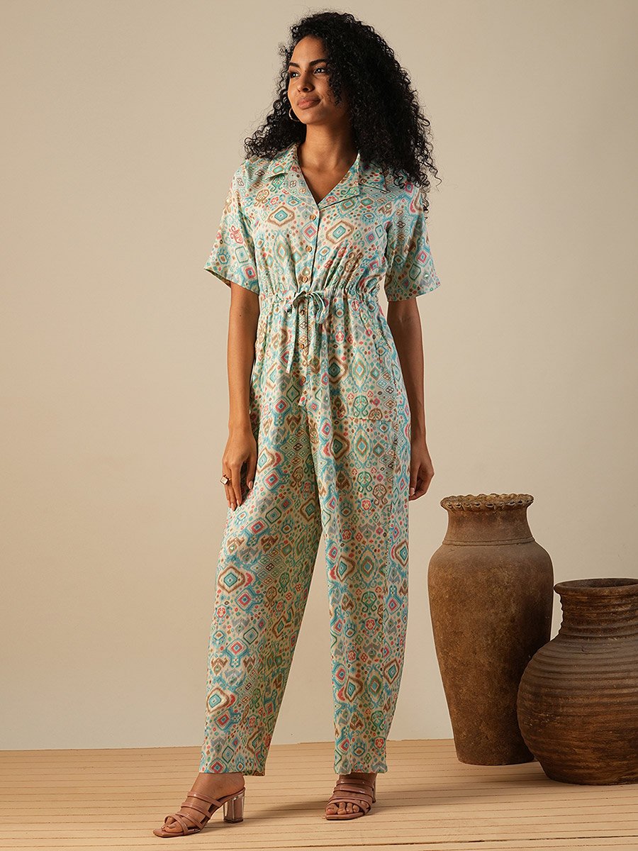 Geometric Print Waist Tie-Up Fusion Jumpsuit