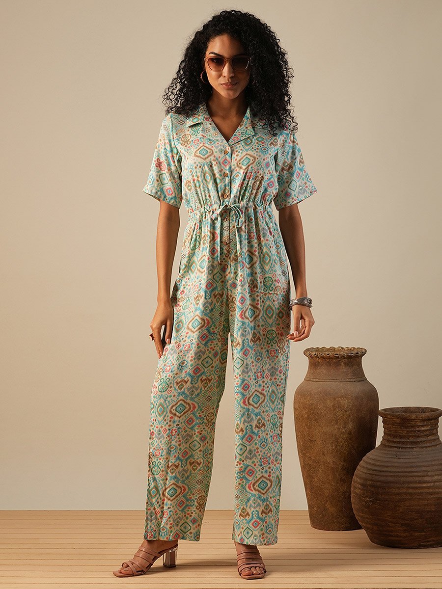 Geometric Print Waist Tie-Up Fusion Jumpsuit