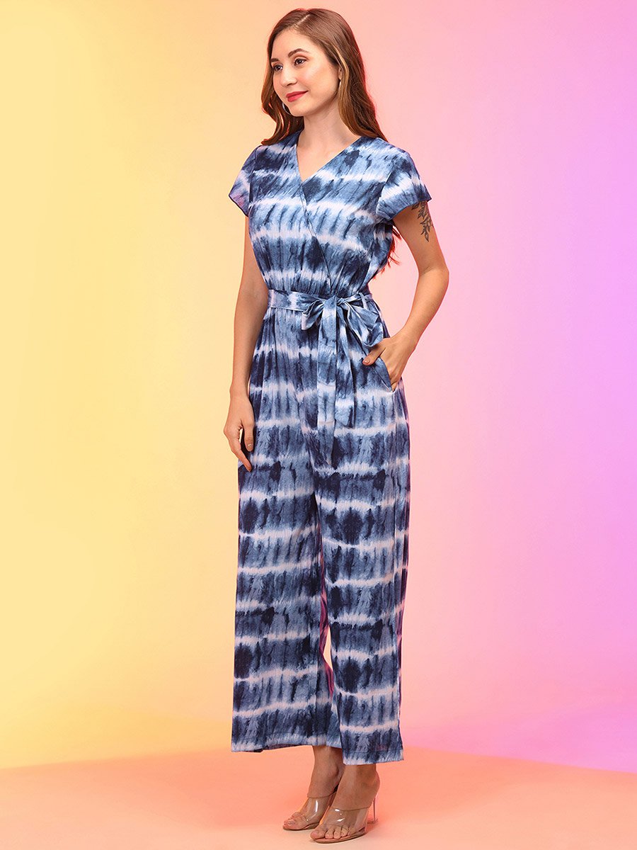 Tie Dye V Neck Wrap Waist Tie-Up Jumpsuit