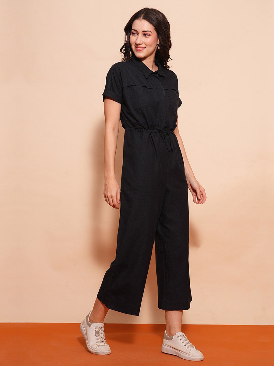 Shirt Collar Waist Tie-Up Cargo Style Casual Jumpsuit