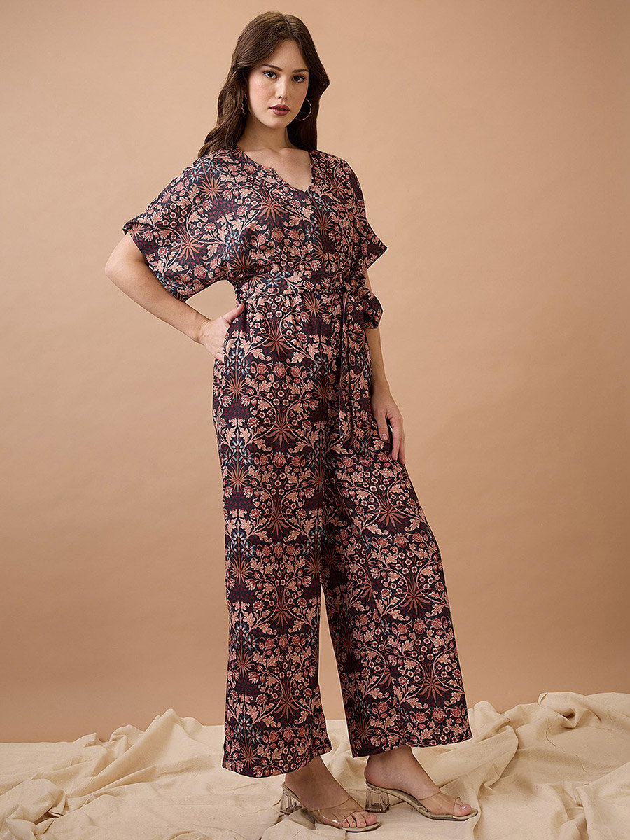 Multi Floral Print Waist Tie-Up Fusion Jumpsuit
