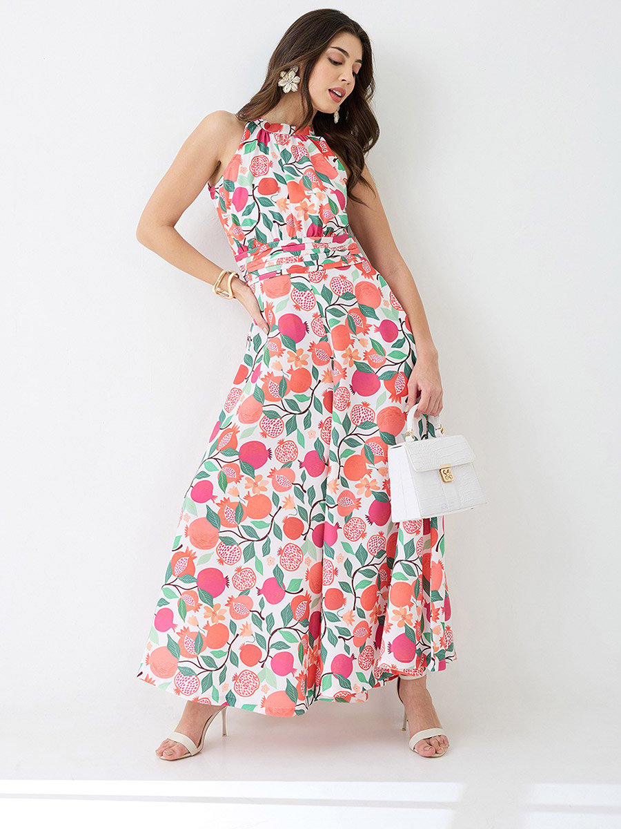 Floral Fruit Print Pleated Detail Flared Fusion Jumpsuit