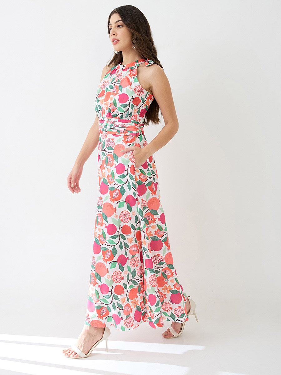 Floral Fruit Print Pleated Detail Flared Fusion Jumpsuit