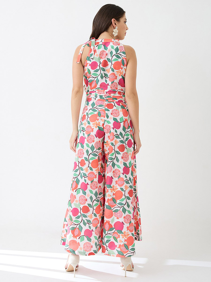 Floral Fruit Print Pleated Detail Flared Fusion Jumpsuit