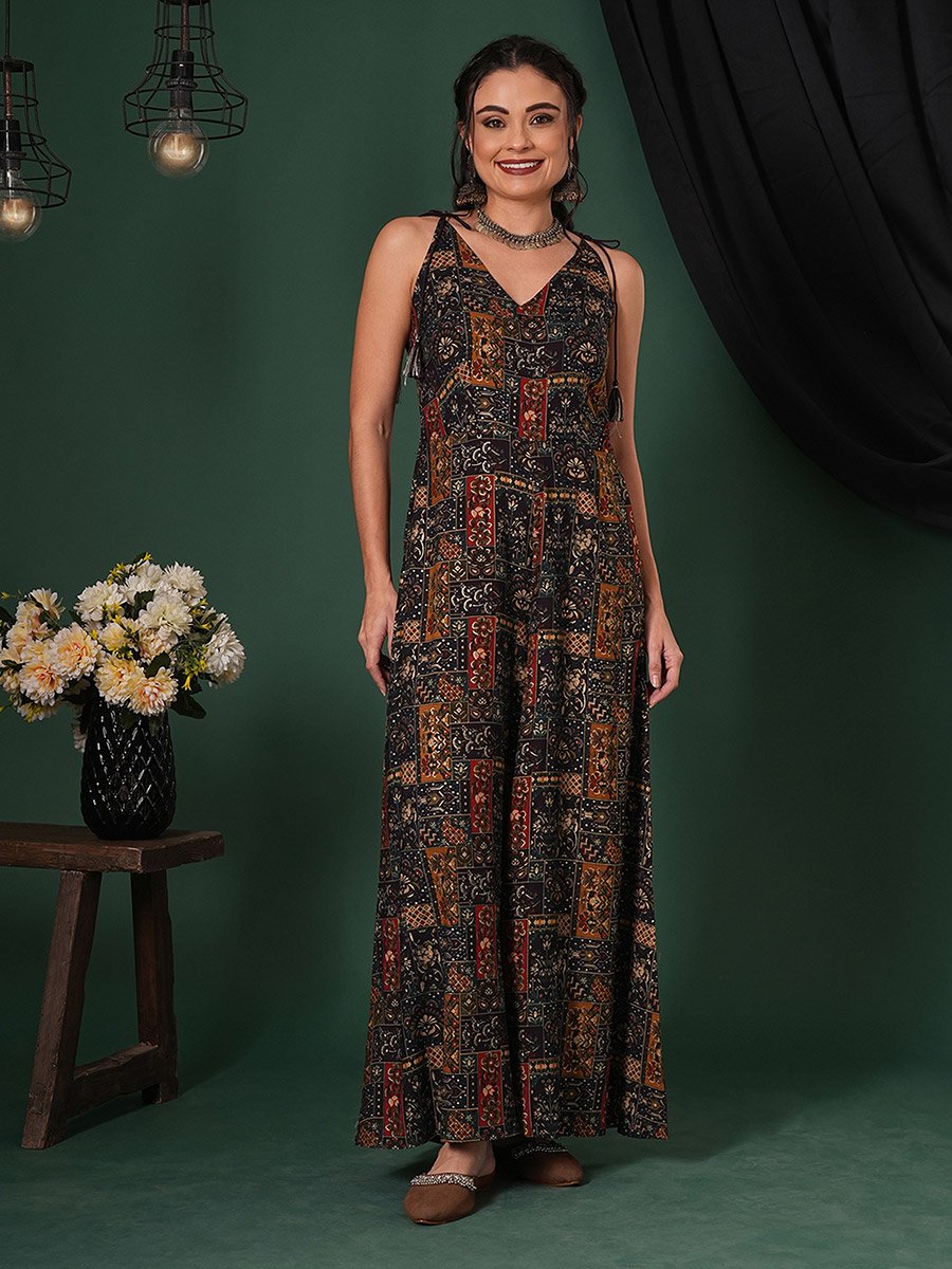 Tassel Tie-Up Straps Ethnic Floral Print Flared Fusion Jumpsuit
