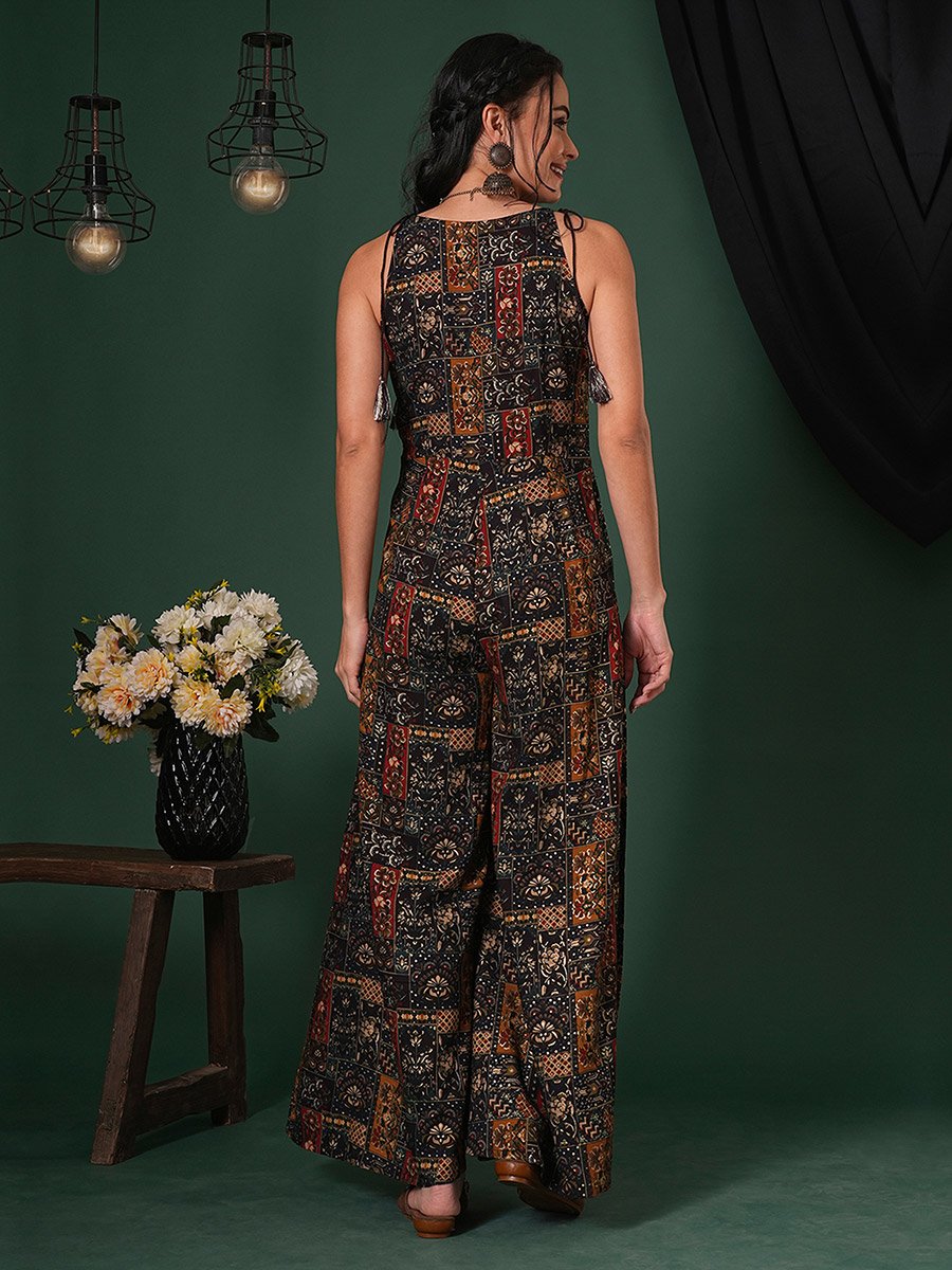 Tassel Tie-Up Straps Ethnic Floral Print Flared Fusion Jumpsuit