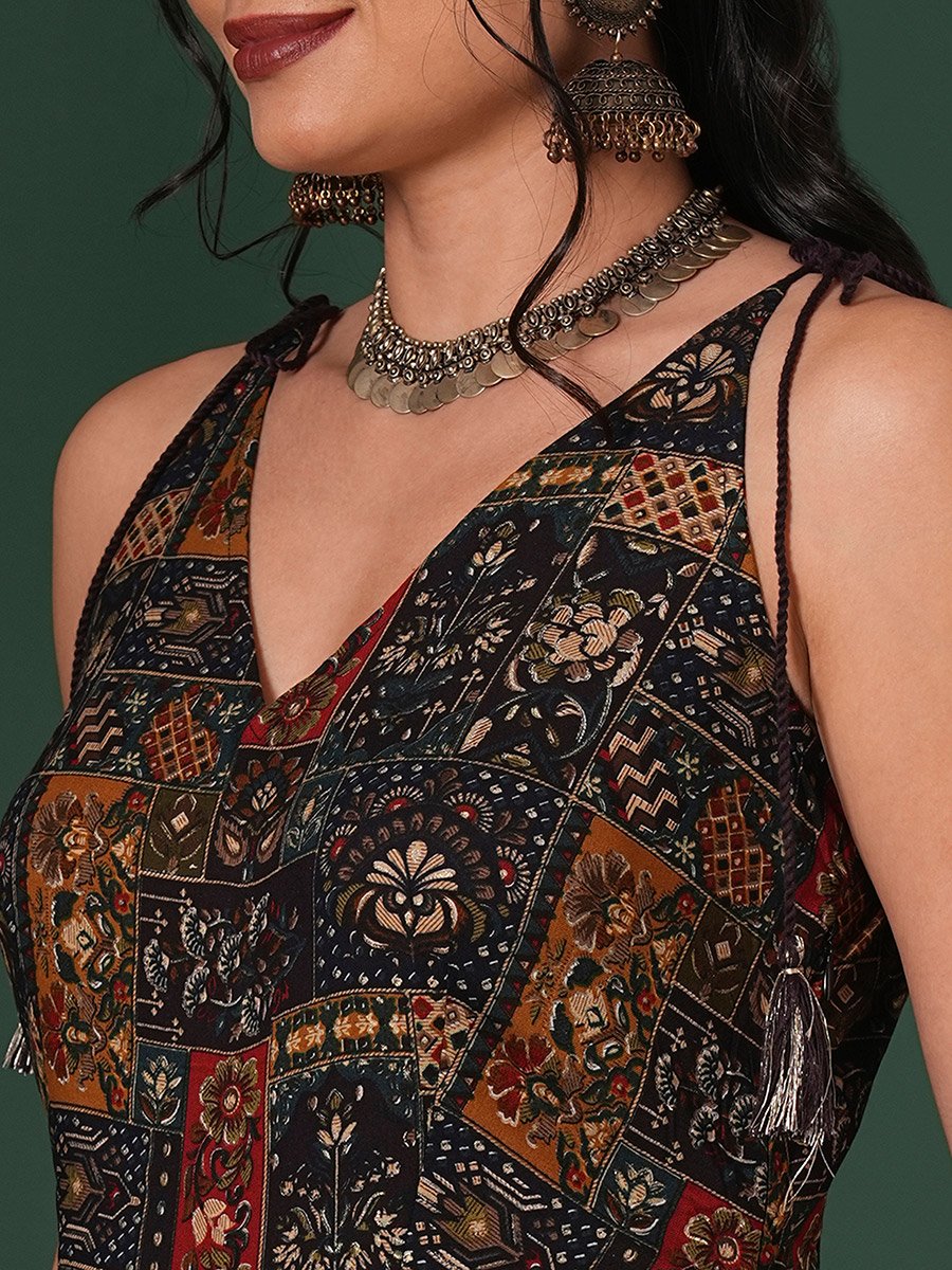 Tassel Tie-Up Straps Ethnic Floral Print Flared Fusion Jumpsuit